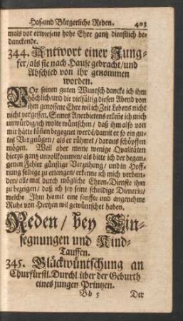 Reden/ bey Einsegnungen und Kind-Tauffen. 345. - 388.