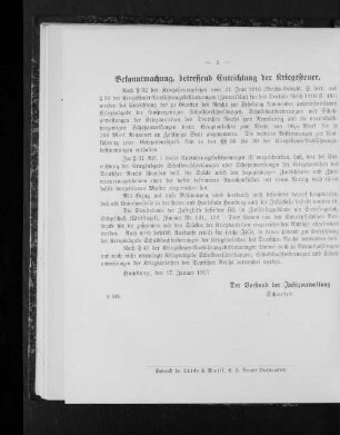 Bekanntmachung, betreffend Entrichtung der Kriegssteuer