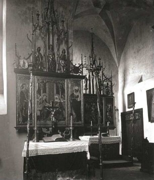 Marienaltar : Marienaltar. Holz, geschnitzt, gefaßt, zum Teil vergoldet (um 1502/1503; P. Breuer). Gnandstein, Burgkapelle
