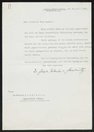Brief von Stephan Kekulé von Stradonitz an Gerhart Hauptmann