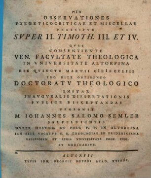 Observationes Exegeticocriticae Et Miscellae Praecipve Svper II. Timoth. III. Et IV.