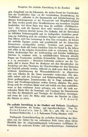 369-370 [Rezension] Remplein, Heinz, Die seelische Entwicklung in der Kindheit und Reifezeit