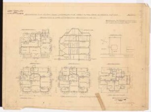 Landhaus Riehl, Charlottenbrunn: Lageplan 1:500, 4 Grundrisse und Schnitt 1:100