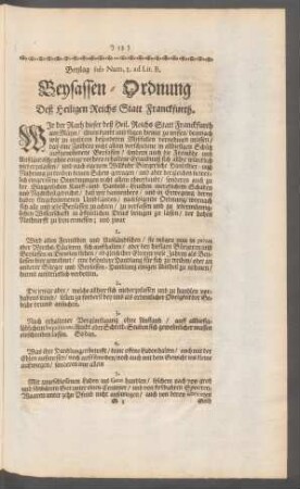 Beylag sub Num. I. ad Lit. B. Beysassen-Ordnung Deß Heiligen Reichs Statt Franckfurth