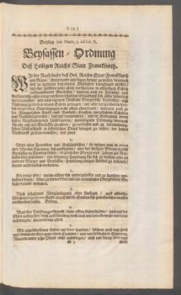 Beylag sub Num. I. ad Lit. B. Beysassen-Ordnung Deß Heiligen Reichs Statt Franckfurth