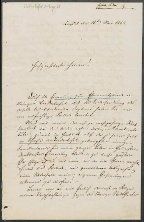 Brief von Karl Heinrich Adolf Reiss an Mainzer Liedertafel