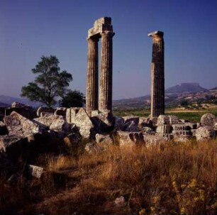 Neméa. Zeus-Tempel. Tempel des 4. Jh. v. Chr. Dorischer Peripteros, Zeus-Tempel. Apesas, Berg des Zeus-Kults. Verputzter Kalkstein