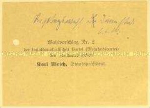 Handzettel mit dem Namen Karl Ulrich als Wahlvorschlag Nr. 2 der SPD des Freistaates Hessen
