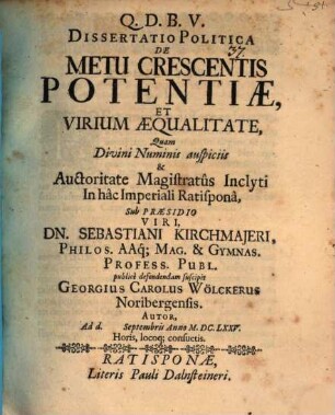 Diss. polit. de metu crescentis potentiae et virium aequalitate