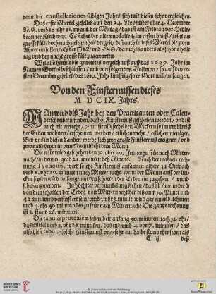 Von den Finsternussen dieses MDCIX. Jahrs