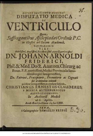 Disputatio Medica De Ventriculo