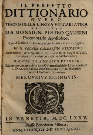 Il perfetto dittionario overo tesoro della lingua volgar-latina