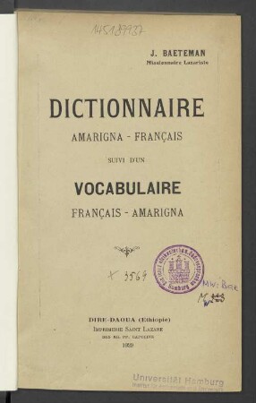 Dictionnaire Amarigna-Français, suivi d'un vocabulaire Français-Amarigna