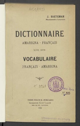 Dictionnaire Amarigna-Français, suivi d'un vocabulaire Français-Amarigna