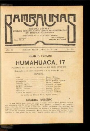 Humahuaca, 17 : pochade en un acto, dividido en tres cuadros