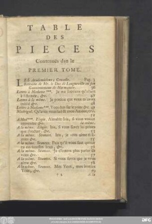 Table Des Pieces Contenuës dan le Premier Tome.
