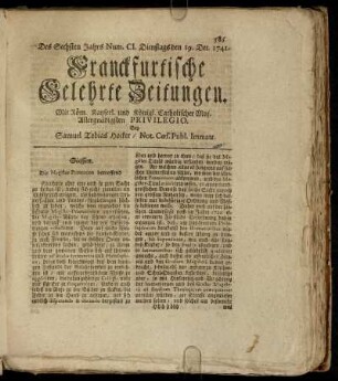 Num. CI. Dienstags den 19. Dec. 1741 - Num. CIII. Freytags den 29. Dec. 1741