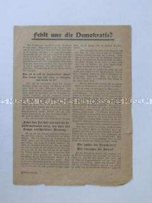 Propagandaflugblatt der DNVP mit scharfer Polemik gegen die demokratischen Errungenschaften der Weimarer Republik und Mitgliederwerbung
