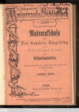 Mudrarakschasa oder Des Kanzlers Siegelring : ein indisches Drama