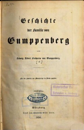 Geschichte der Familie von Gumppenberg : Für die Familie als Manuscript in Druck gegeben. 1. Nachtr.