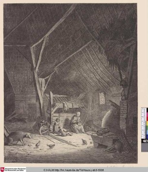[Inneres einer Scheune mit einer Mutter und zwei Kindern, daneben ein Schwein; Interior of a barn with mother and two children, right in front a pig]