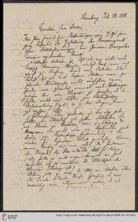 Nachlass Alfred Hettner, Eingegangene Briefe, Korrespondenz Wilhelm Sievers/Alfred Hettner: Brief von Wilhelm Sievers an Alfred Hettner