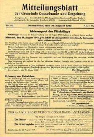 Kommunales Mitteilungsblatt u.a. zum Abtransport von Flüchtlingen, zur Lebensmittelbewirtschaftung sowie mit privaten und gewerblichen Anzeigen