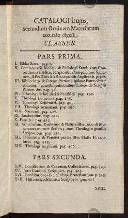 Catalogi hujus, Secundum Ordinem Materiarum accurate digesti, Classes.