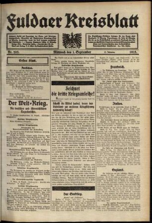 Erste Ausgabe vom Mittwoch, den 01. September 1915.