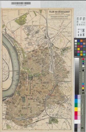 Plan von Düsseldorf. Angefertigt durch das Stadt-Vermessungsamt im Jahre 1902. Walraff Obergeometer. Herausgegeben vom Verkehrs-Verein / Lith. Druck u. Verlag von Franz Rangette & Söhne, Düsseldorf / Musterregister No. 573