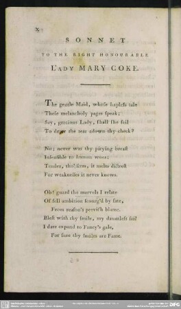 Sonnet To The Right Honourable Lady Mary Coke