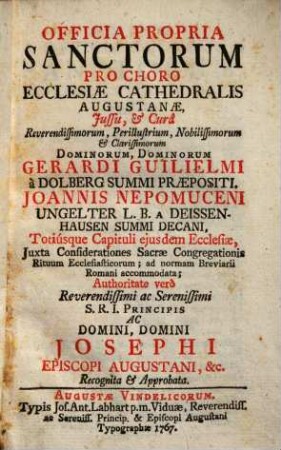 Officia Propria Sanctorum : Pro Choro Ecclesiae Cathedralis Augustanae ...