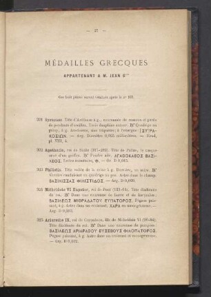 Médailles grecques appartenant à M. Jean G***