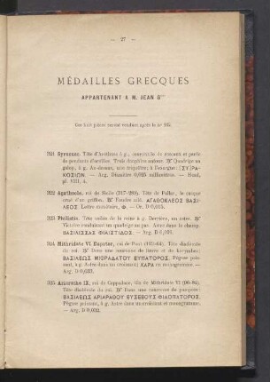 Médailles grecques appartenant à M. Jean G***