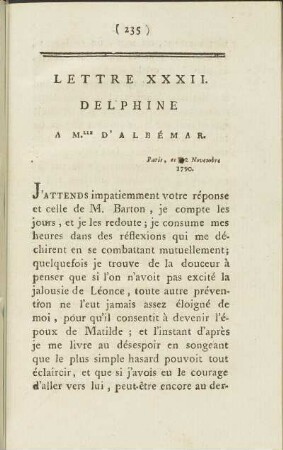 Lettre XXXII. Delphine à Mlle. d' Albémar. Paris ce 2 Novembre 1790.