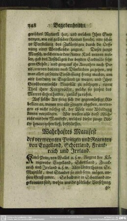 Wahrhaftes Manifest des vermeynten Prinzen und Regenten von Engelland, Schottland, Frankreich und Irrland