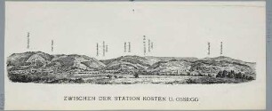Panoramaansicht zwischen der Station Kosten (heute Košťany) und Ossegg (heute Osek) in Böhmen,entlang der Dux-Bodenbacher Eisenbahnlinie, mit Legende