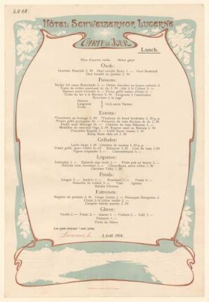 Menükarte : Carte du Jour, Lunch, Hotel Schweizer Hof