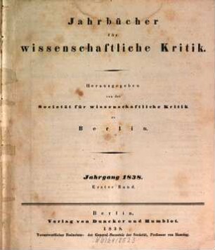 Jahrbücher für wissenschaftliche Kritik. 1838, Bd. 1