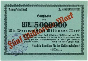 Geldschein / Notgeld, 5 Milliarden Mark, Überdruck auf Gutschein vom 7.8.1923