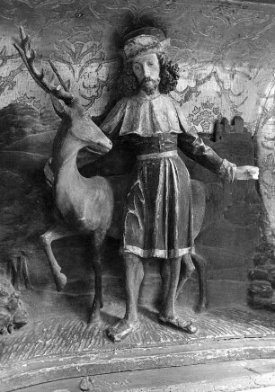 Predella mit Heiligem Hubertus und Hirsch : Flügelaltar. Predella mit Heiligem Hubertus und Hirsch. Holz, geschnitzt, farbig gefaßt, z. T. vergoldet (1516). Mittelberg (Kleinwalsertal)-Unterwestegg, Kapelle