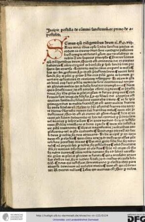 Incipit postilla de communi sanctorum et primo de apostolis.