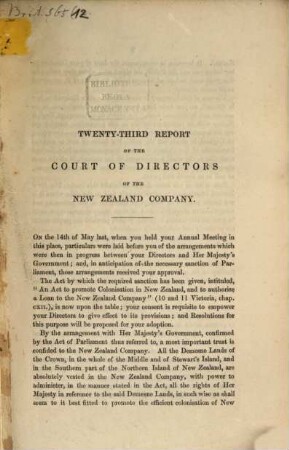 Report of the Court of Directors of the New Zealand Company. 72 = 23. 1847
