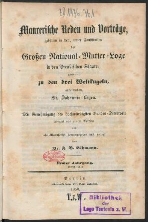 1.1850/51: Maurerische Reden und Vorträge