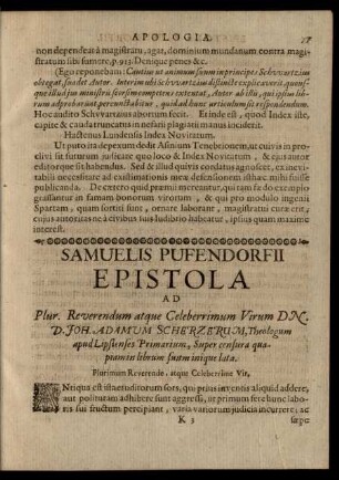 Samuelis Pufendorfii Epistola Ad Plur. Reverendum atque Celeberrimum Virum DN. D. Joh. Adamum Scherzerum ...