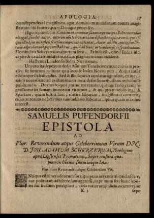Samuelis Pufendorfii Epistola Ad Plur. Reverendum atque Celeberrimum Virum DN. D. Joh. Adamum Scherzerum ...