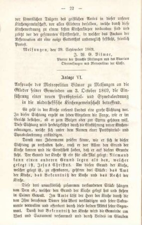 Anlage VI. Ansprache des Metropolitan Vilmar zu Melsungen an die Glieder seiner Gemeinden am 3. Ocotber 1869, ...
