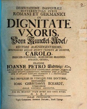 Dissertatione inaug. differentias iuris Romani et Germanici in dignitate uxoris, vom Kunckel-Adel