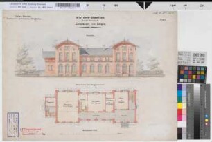 Stations-Gebäude für die Bahnhöfe Dinslaken und Empel der Köln-Mindener Eisenbahn-Gesellschaft, Blatt 1: Grundriß Erdgeschoß, Ansicht, M. 1:100 Hge, Sknr.: 5, Fanr.: 2, Bunr.: 1
