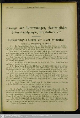 V. Auszüge aus Verordnungen, stadträthlichen Bekanntmachungen, Regulativen etc.